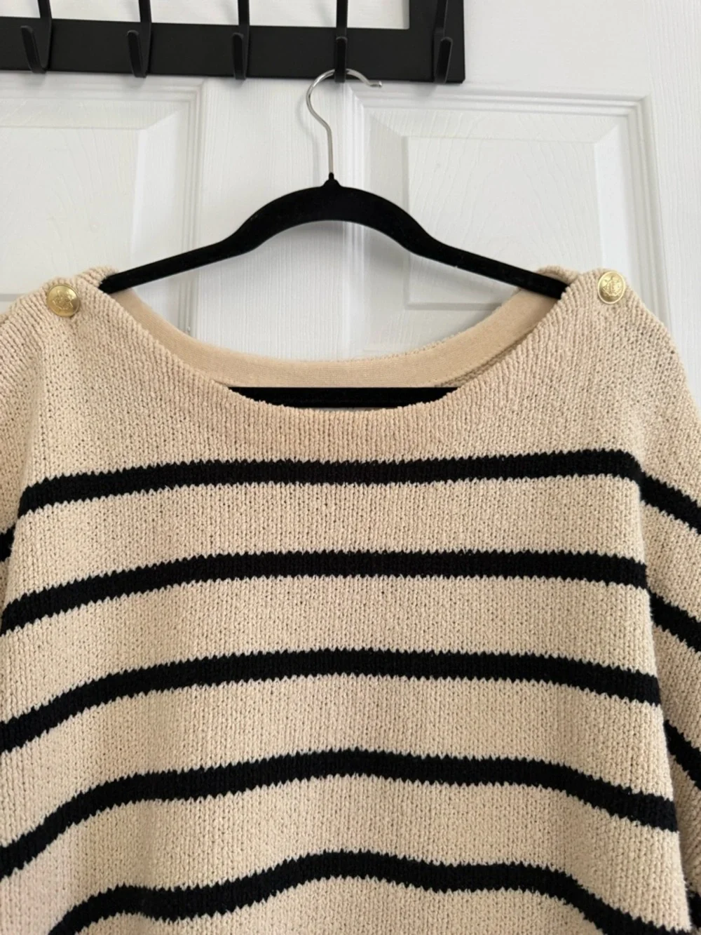 J. Crew Cream and Black Striped Boatneck Sweater with Gold Shoulder Buttons - 3X - Picture 2 of 15